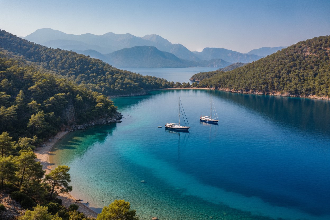 Fethiye adaları arasında yol alan tekne ve mavi lagün